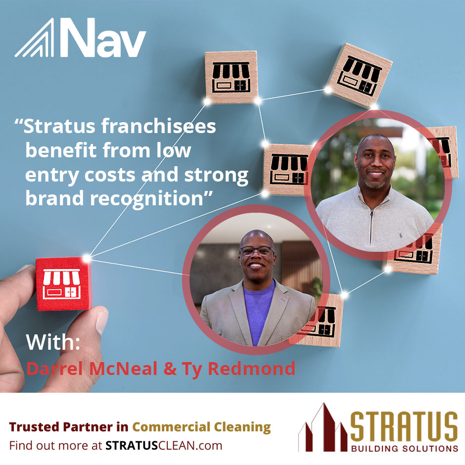 A picture of a franchise model with a photo of Darrel McNeal and Ty Redmond that says: “Stratus franchisees benefit from low entry costs and strong brand recognition”