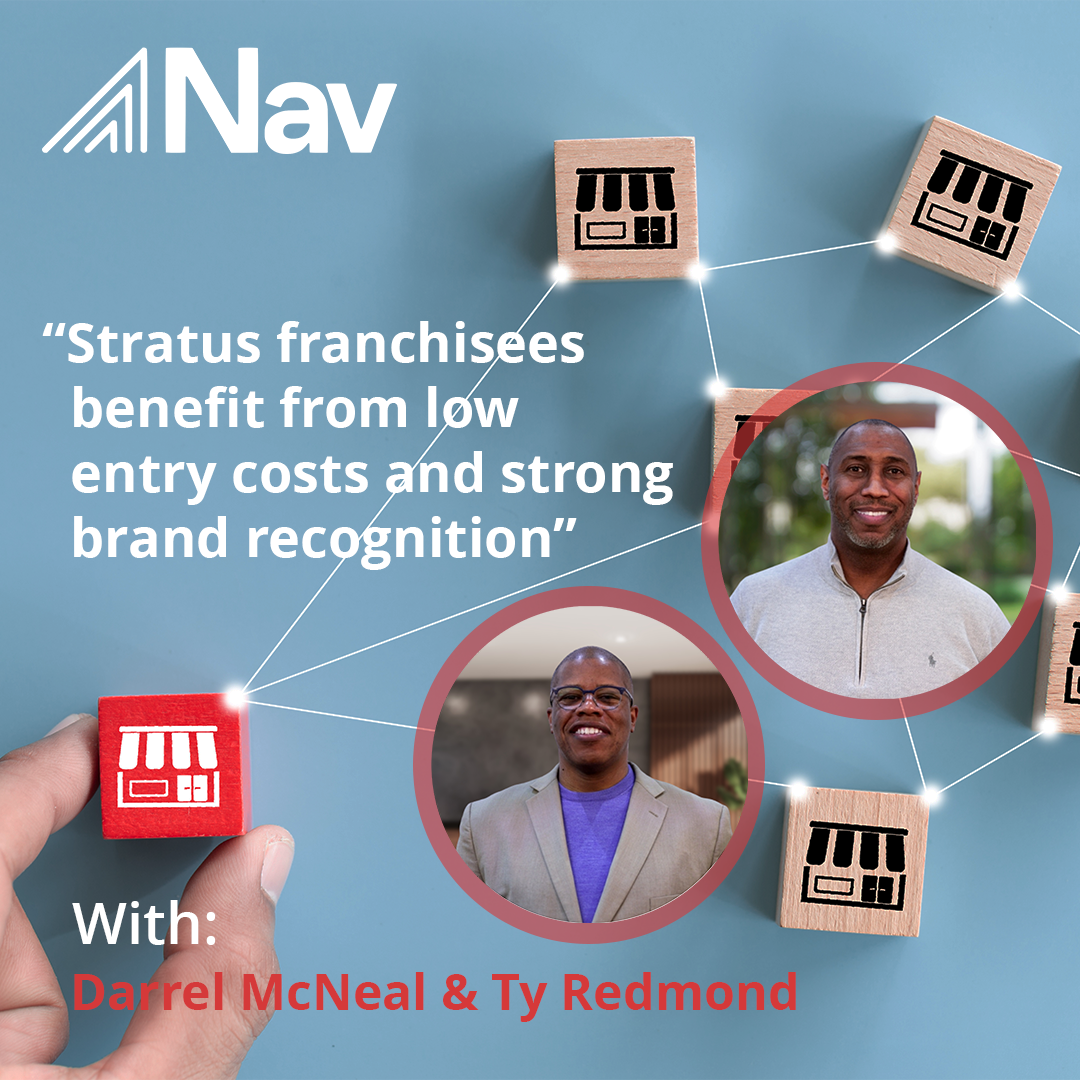 A picture of a franchise model with a photo of Darrel McNeal and Ty Redmond that says: “Stratus franchisees benefit from low entry costs and strong brand recognition”