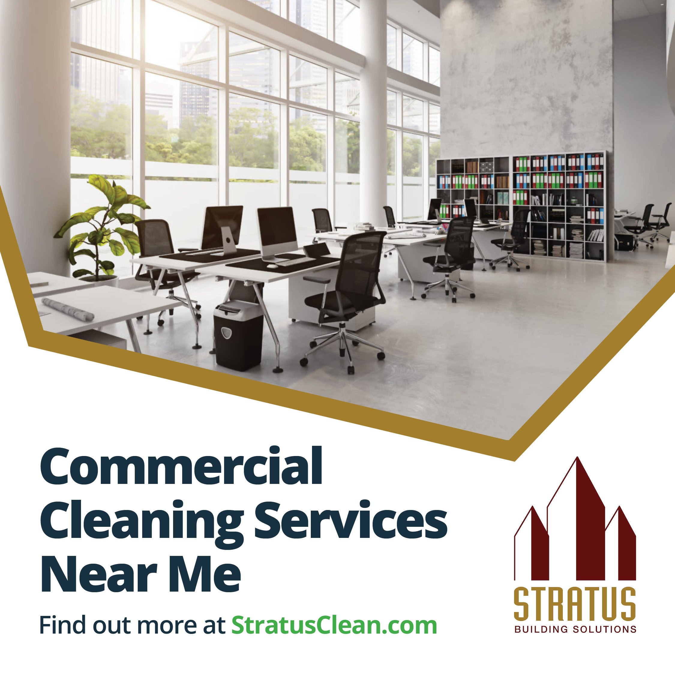 Large Office with Tall Ceilings and Large Windows and Text that Says "Commercial Cleaning Services Near Me"